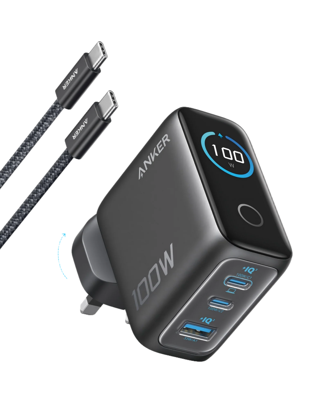 Anker Charger (100W, 3 Ports, Smart Display) Silver