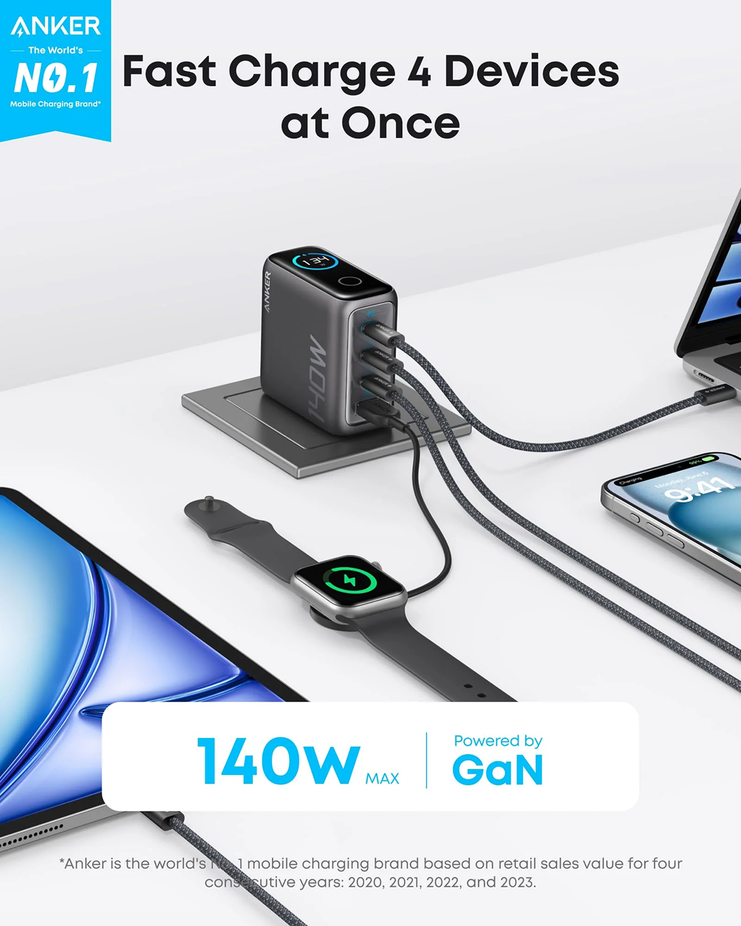Anker Charger (140W, 4-Port, PD 3.1) with USB-C Cable Gray