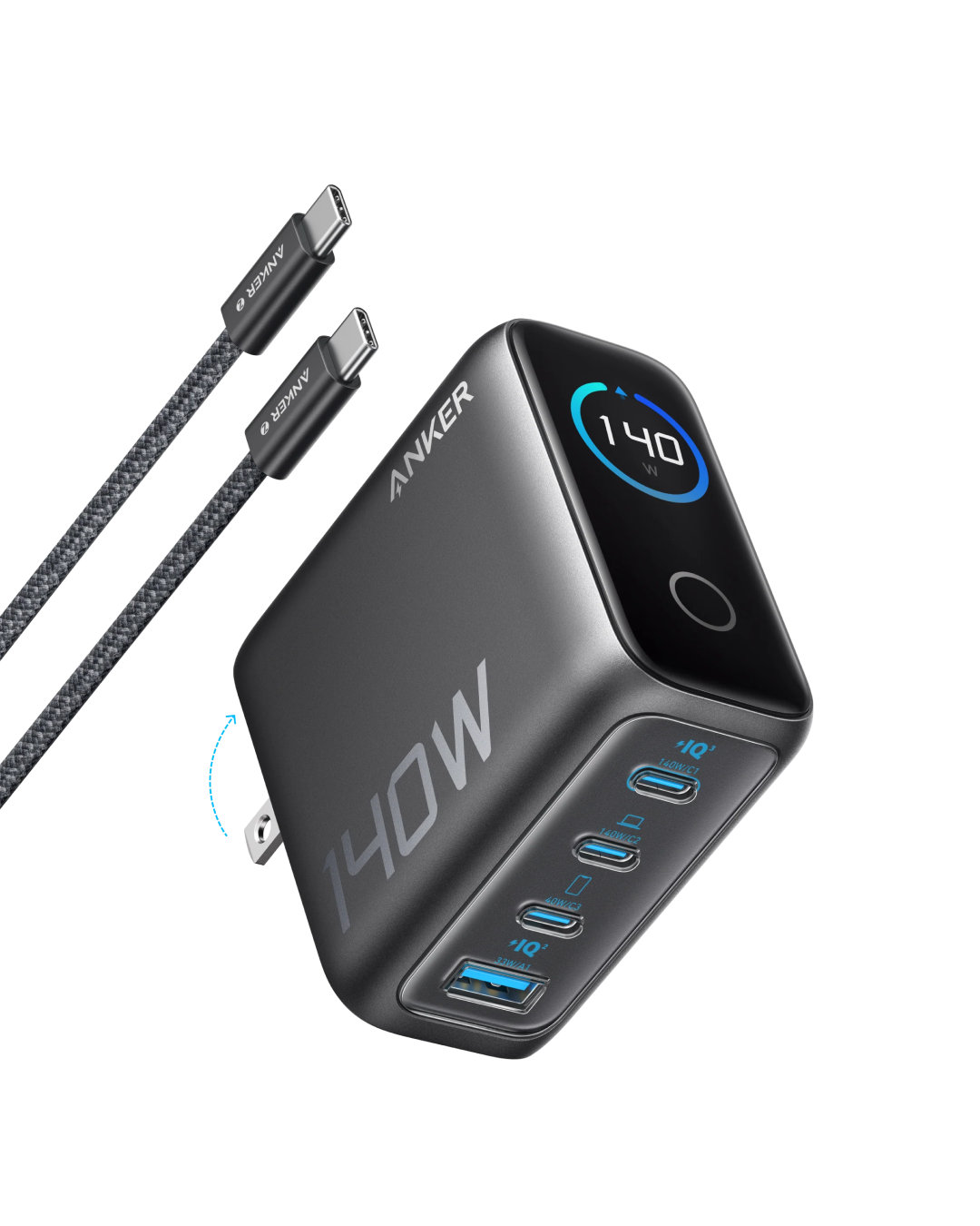 Anker Charger (140W, 4-Port, PD 3.1) with USB-C Cable Gray