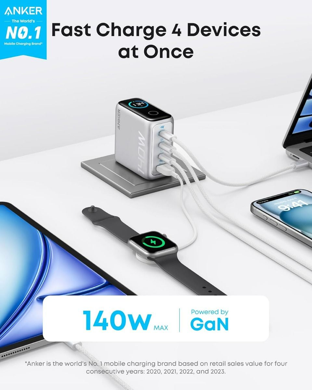 Anker Charger (140W, 4-Port, PD 3.1) with USB-C Cable Silver