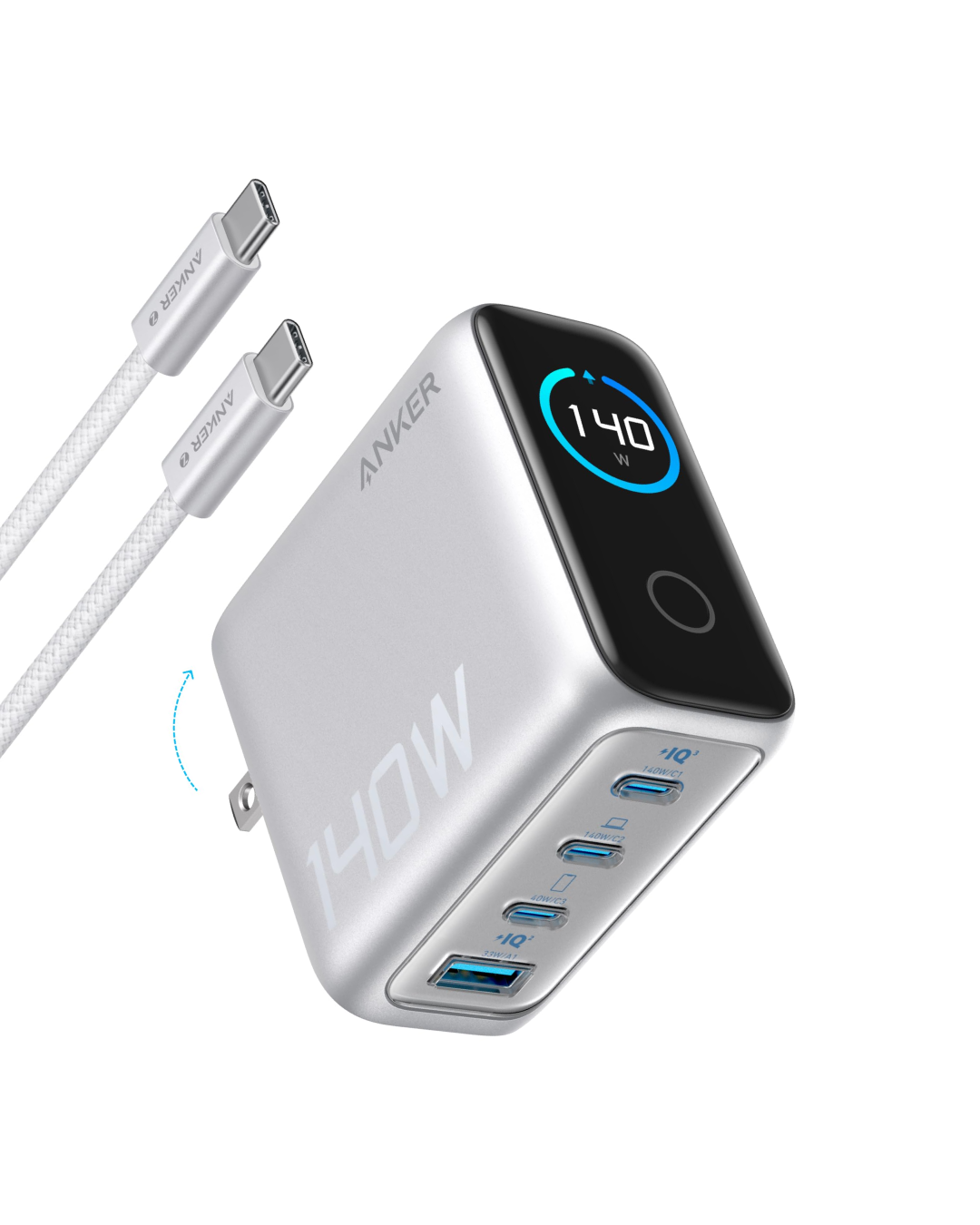 Anker Charger (140W, 4-Port, PD 3.1) with USB-C Cable Silver