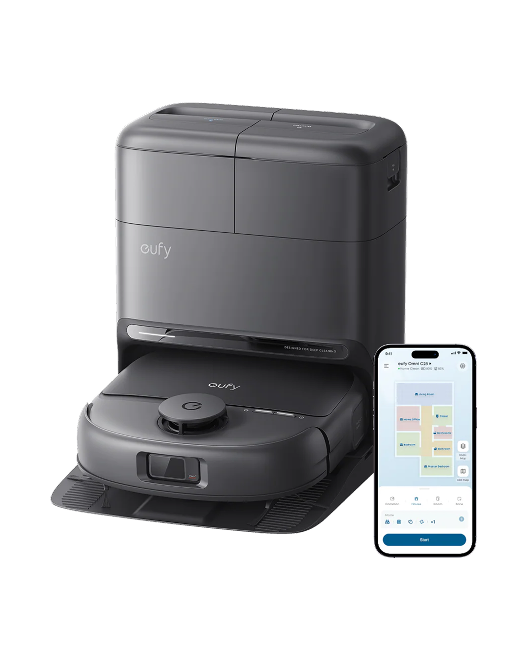 Anker, Eufy Robot Vacuum Omni C28 Black, 15.000 Pa Cleaning Power, HydroJet Self-Cleaning 27cm Roller Mop, Automatic Mop Lifting, 0% Hair Tangling, 50C Mop Drying