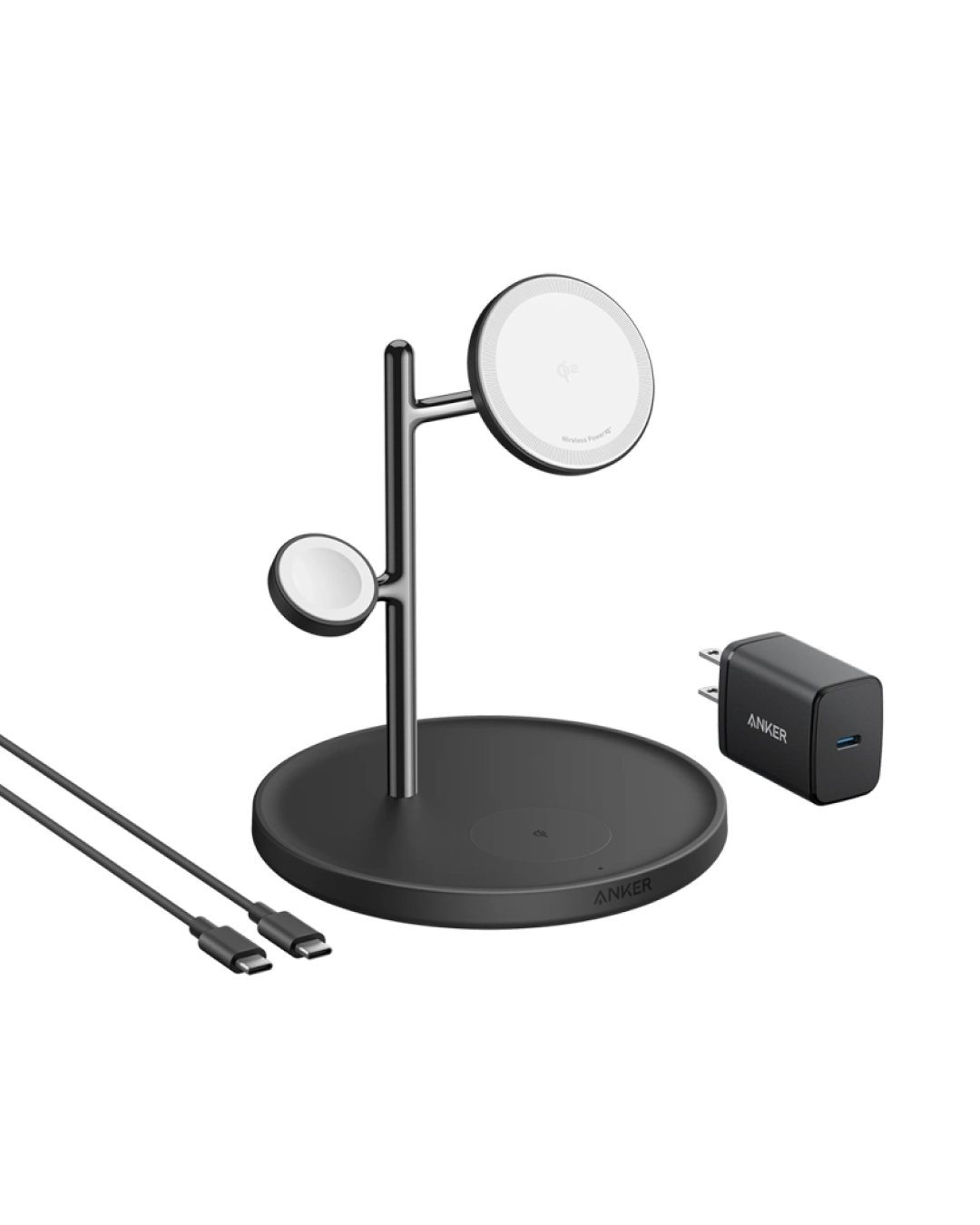 Anker MagGo Wireless Charging Station (15W, 3-in-1 Stand) with cable and charger bundle