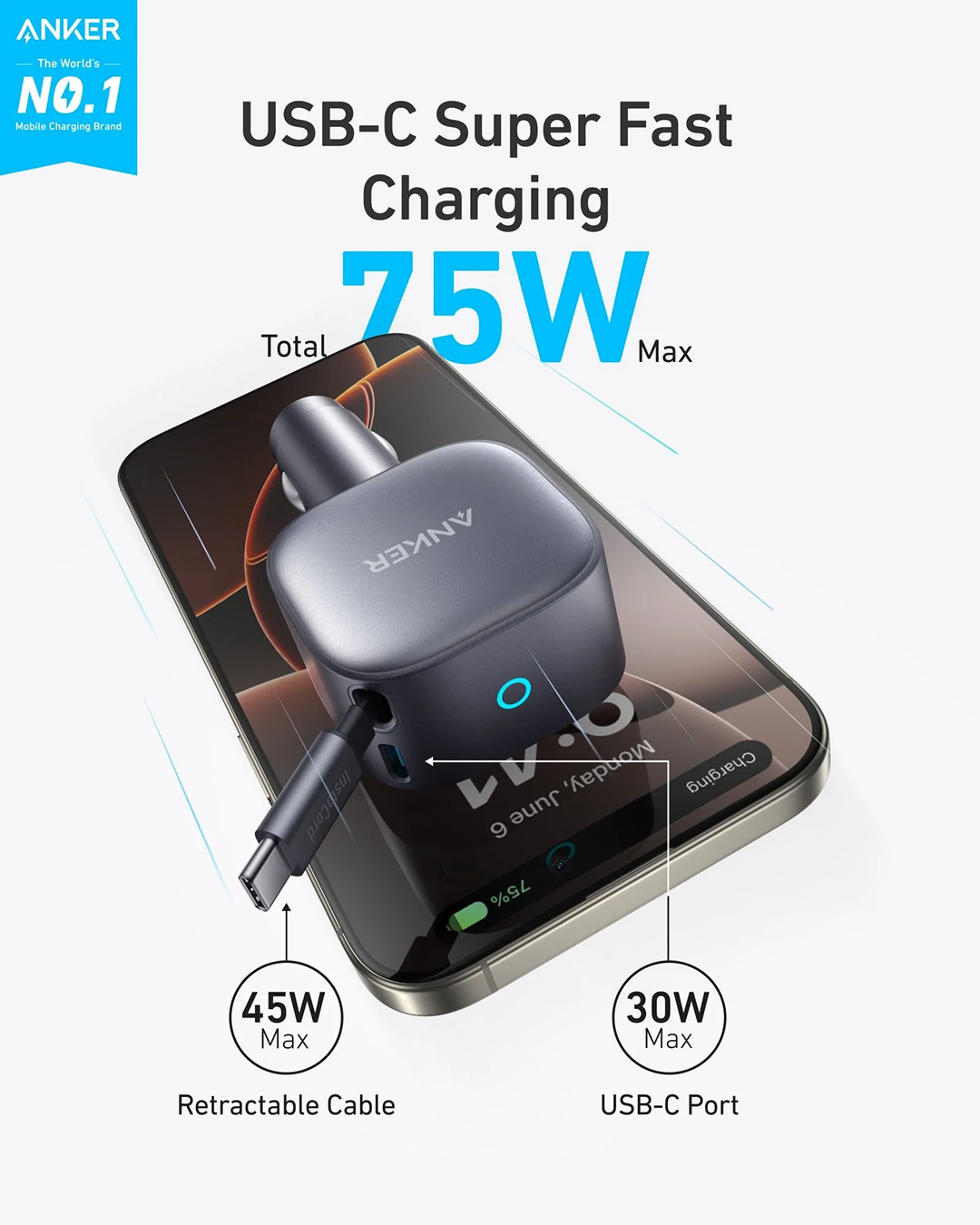 Anker Nano Car Charger (75W, USB-C Port, Built-In Retractable USB-C Cable)