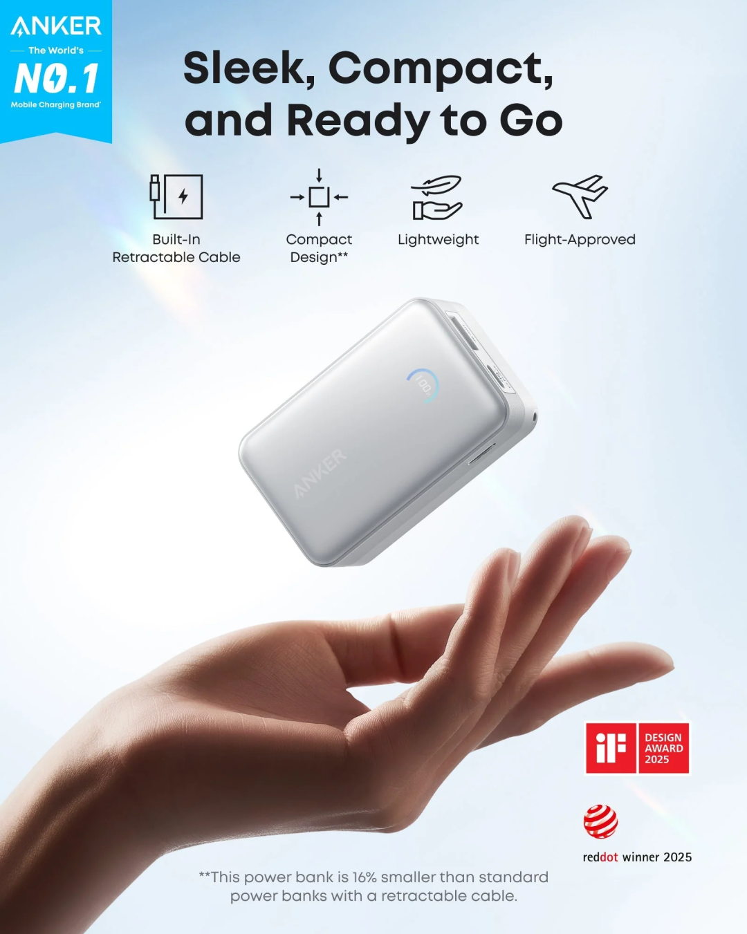 Anker Nano Power Bank (10K, 45W, Built-In Retractable USB-C Cable) White