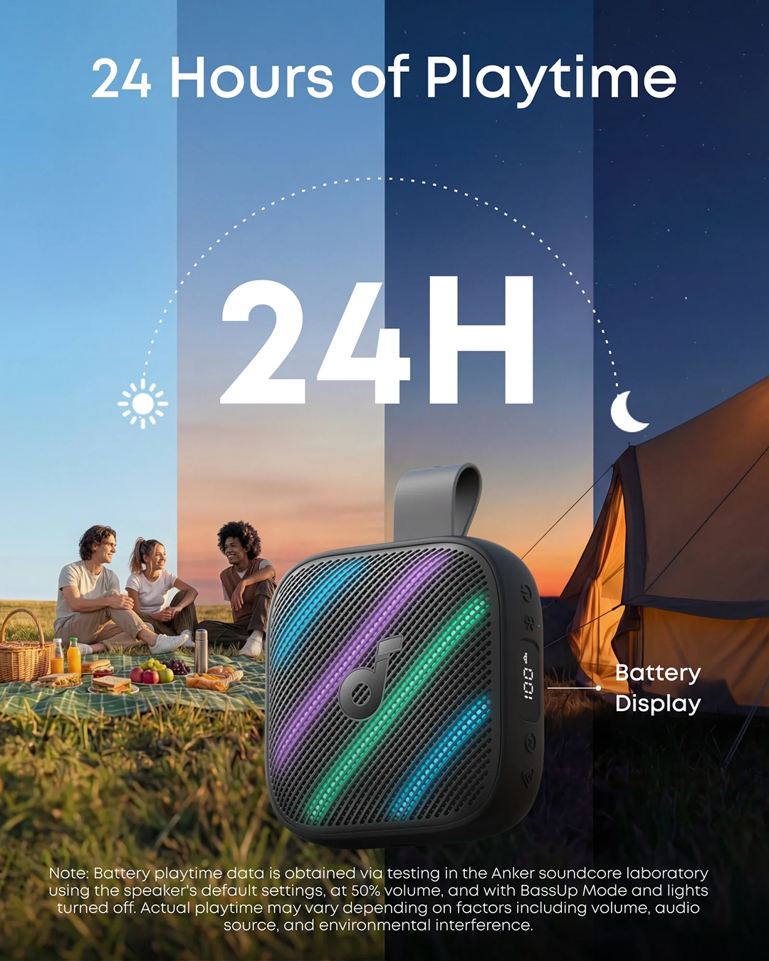 Anker, Soundcore Boom Go 3i Black, 24 Hour Playtime, 15W, IP68, Battery Display, Emergency Charging for Phone, TWS Pairing capable, RGB Lights