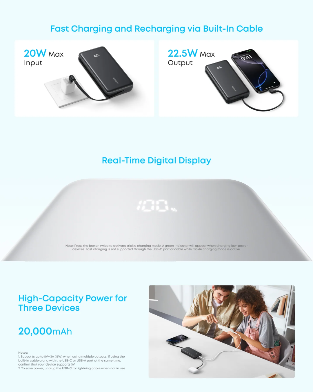 Anker Zolo Power Bank (20K, 22.5W, Built-In USB-C Cable) White 1x USB-A, 2x USB-C