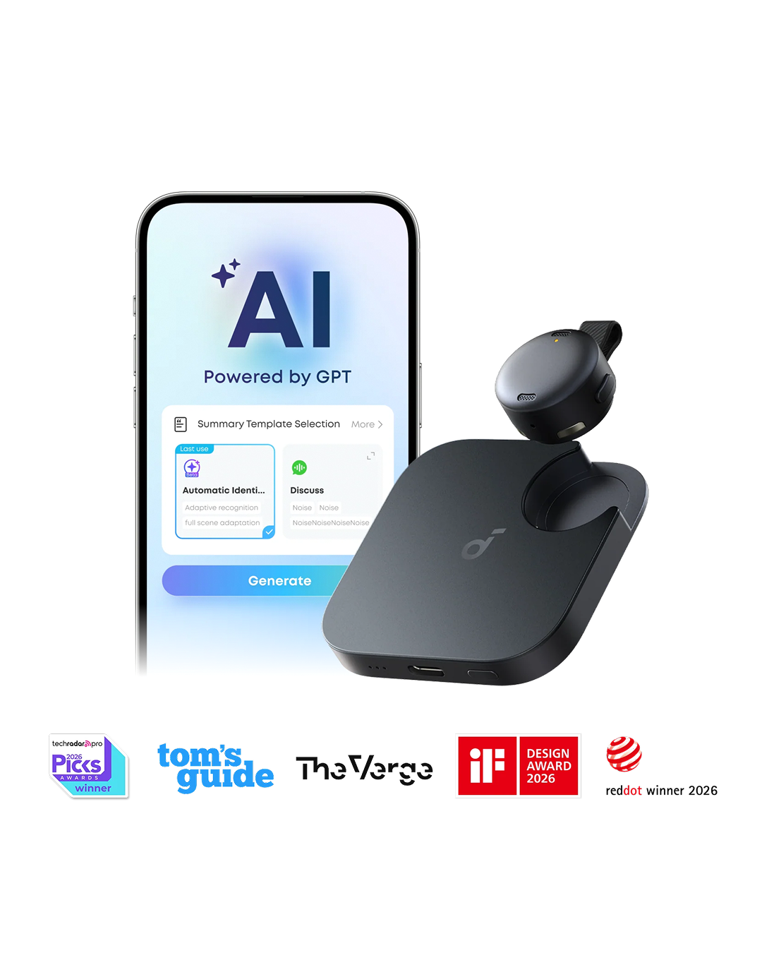 Anker, Soundcore Work, Coin-Sized Wearable AI Note Taker/Voice Recorder