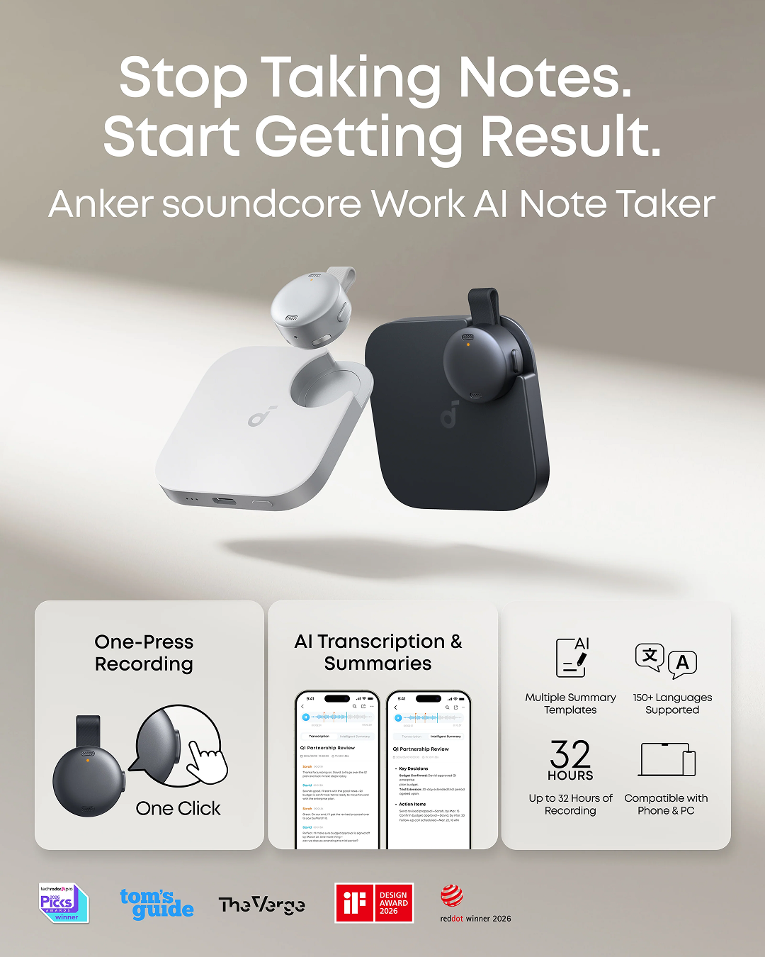 Anker, Soundcore Work, Coin-Sized Wearable AI Note Taker/Voice Recorder